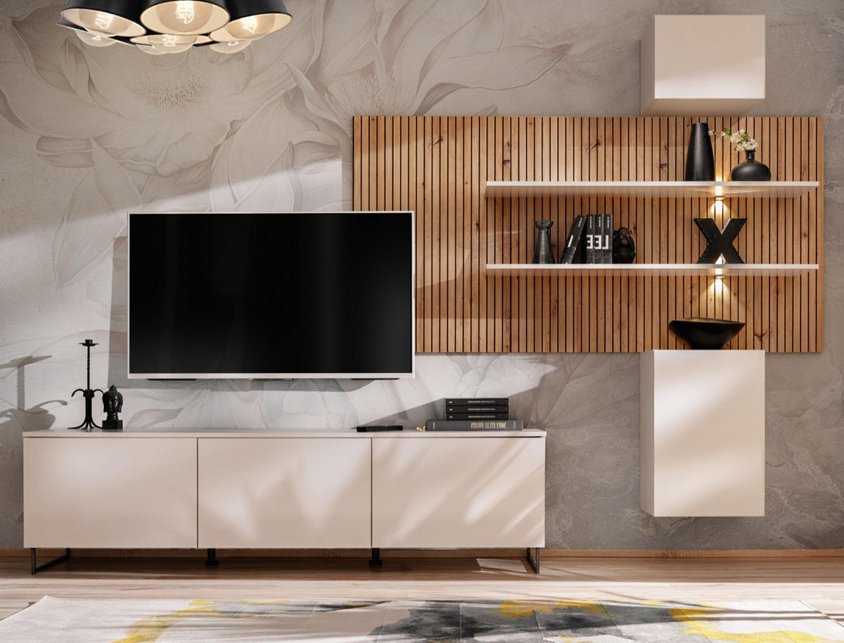 WOHNWAND 4-teilig Sand matt, Eiche Artisan 280 cm, Schrankwand hängend inklusive LED Beleuchtung - Sandfarben/Schwarz, Holzwerkstoff/Kunststoff (280/200/45cm) - Furn.Design