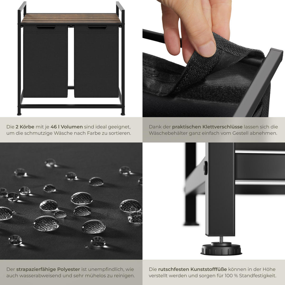WÄSCHESORTIERER, höhenverstellbare Kunststofffüße,schwarz/braun - Schwarz/Braun, Metall (74/72/34cm) - tectake