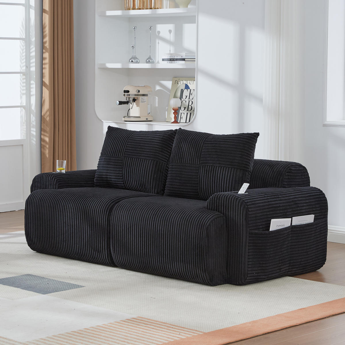 MODULÁRNÍ sofa 200/99/80 cm černá z manšestru s držákem nápojů a boční kapsou - černá, textil (99/80/200cm) - OKWISH