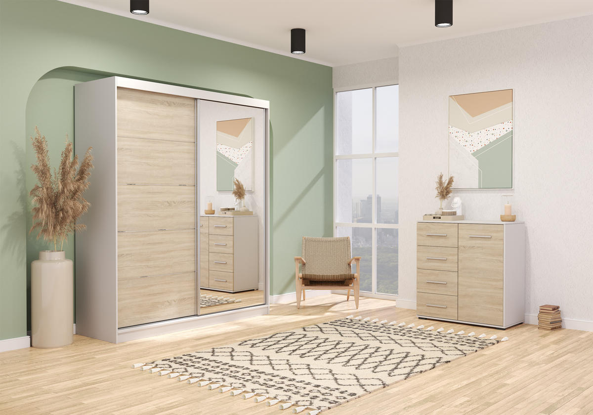 KOMMODE - Highboard IRYS MINI (Weiß + Sonoma) - Weiß/Sonoma Eiche, Holzwerkstoff (90/95/45cm) - Möblo