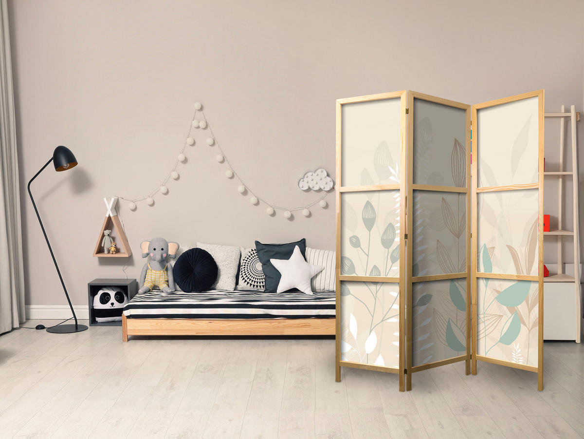 PARAVENT Japanischer 3-tlg 135x172 cm Boho Pflanzen - Beige, Holz/Textil (135/172/3cm) - Muralo