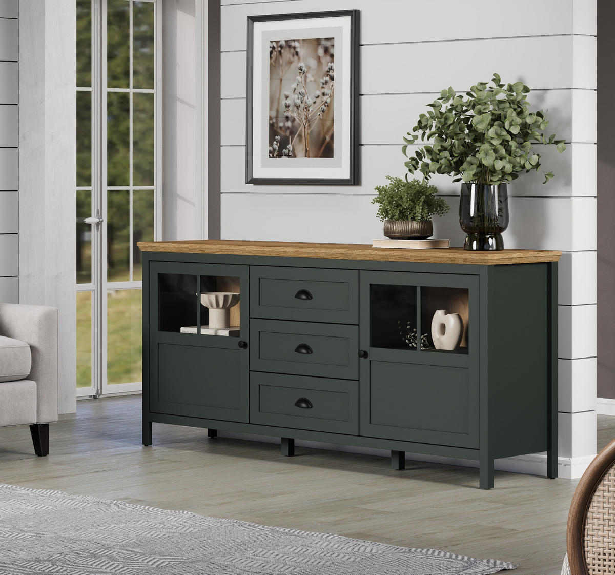 SIDEBOARD grün, Evoke Eiche Landhaus 185 x 86 cm, Kommode inklusive LED Beleuchtung - Eichefarben/Schwarz, Glas/Holzwerkstoff (185/86/45cm) - Top.Furn