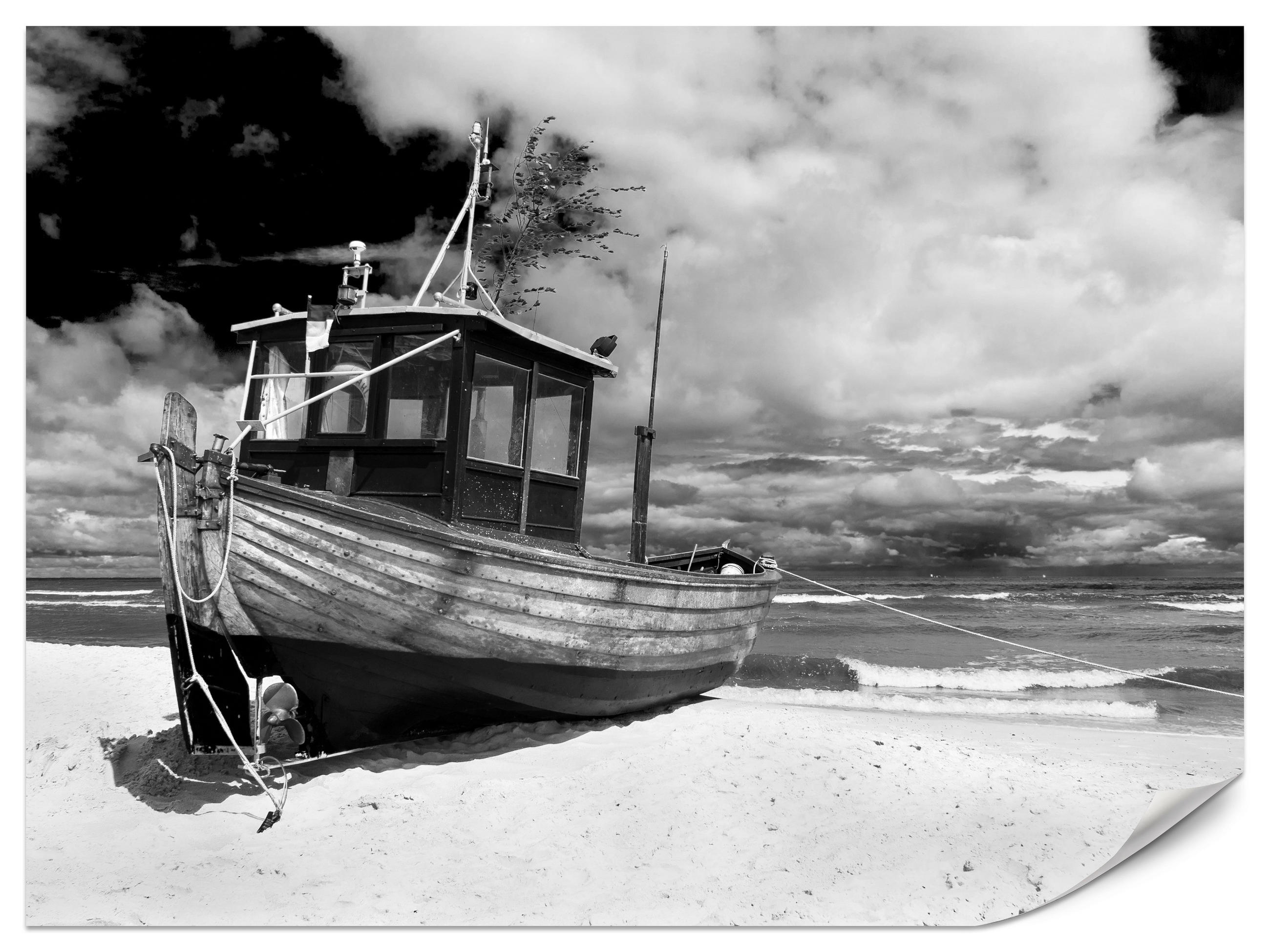 FOTOTAPETA Pre Obývaciu Izbu Čierno-Biela Loď Pláž More 450 x 315 cm - čierna/sivá, papier (450/315cm) - Muralo