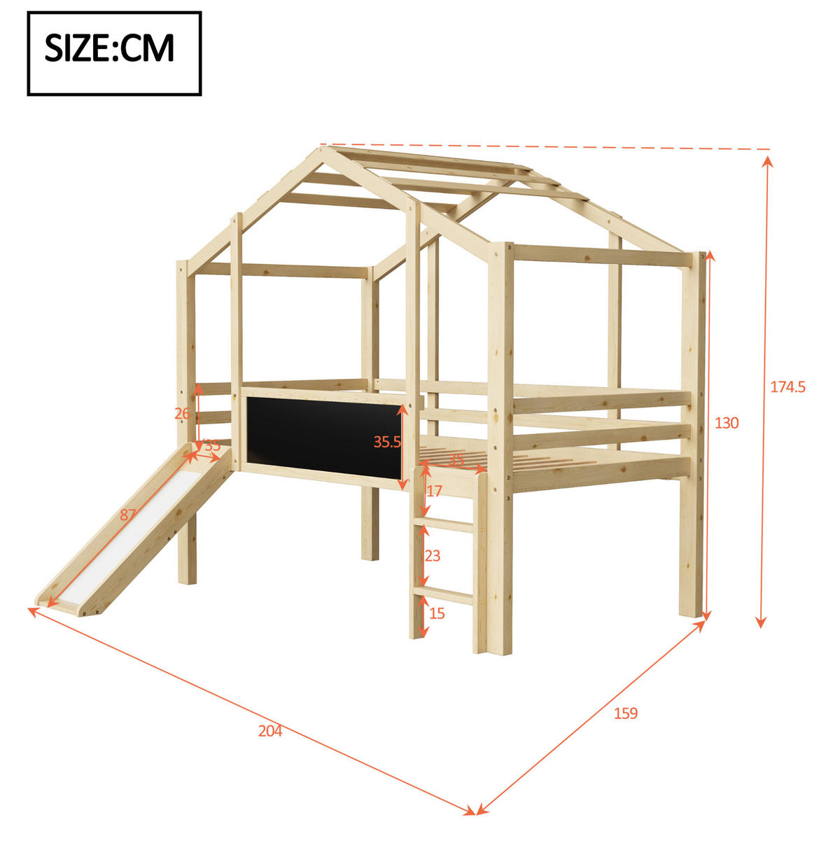 HOCHBETT 90/200 cm aus Massivholz mit Rutsche und Tafel im Hausdesign - Naturfarben, Holz (90/200cm) - Flora Grace