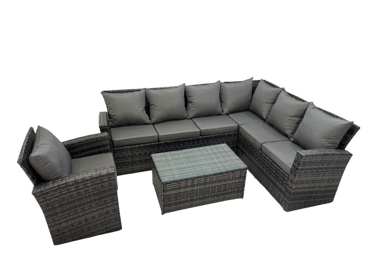 GARTENMÖBELSET Rechte Ecke Polyrattan Dunkelgrau 6-Sitzer - Dunkelgrau/Grau, Glas/Kunststoff - Fimous