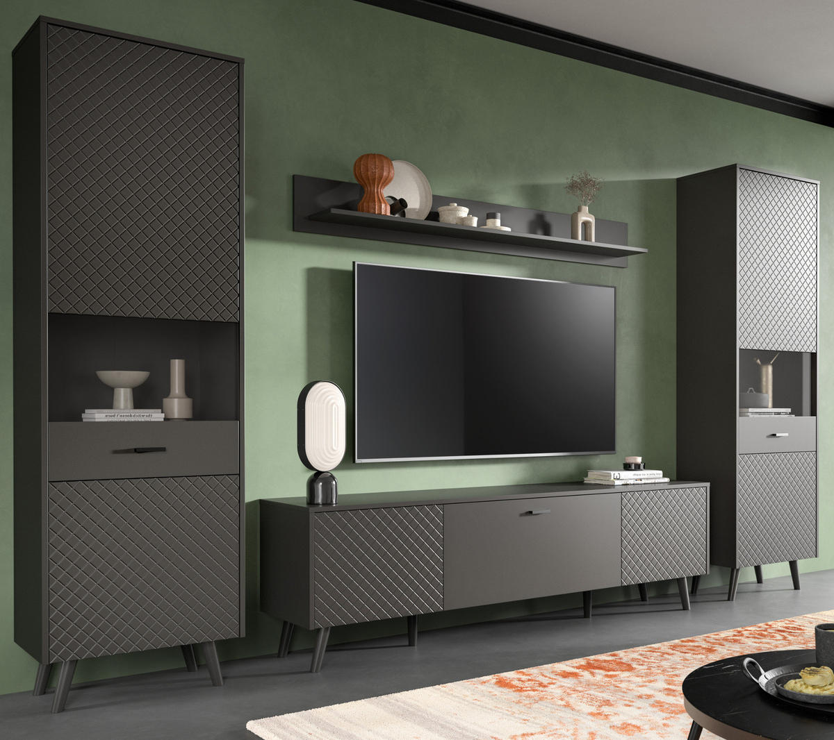 WOHNWAND grau matt 4-teilig 331 cm, Schrankwand mit Struktur - Schwarz/Grau, Glas/Holzwerkstoff (331/195/40cm) - Inn.Furn