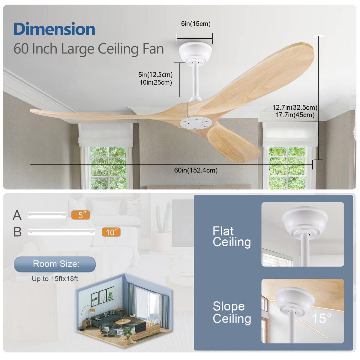 DECKENVENTILATOR DE-16220 60 Zoll ohne Licht mit Fernbedienung Naturholz - Naturfarben, Holz/Metall (152/152/32cm) - ComfortXL