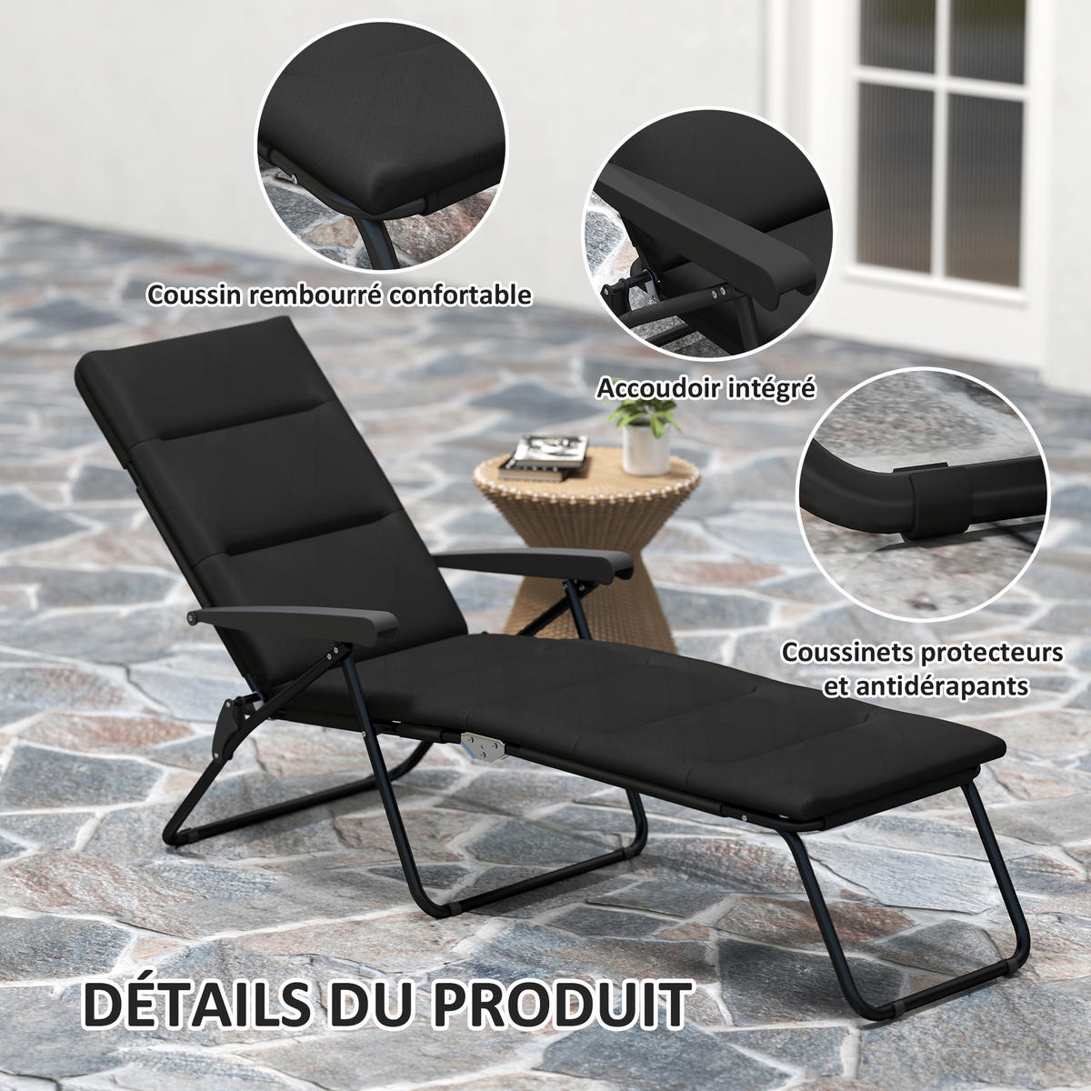 SONNENLIEGE DE-15654 153 cm, 6 Positionen, mit Matratze Schwarz - Schwarz, Metall (58.5/89/153cm) - ComfortXL