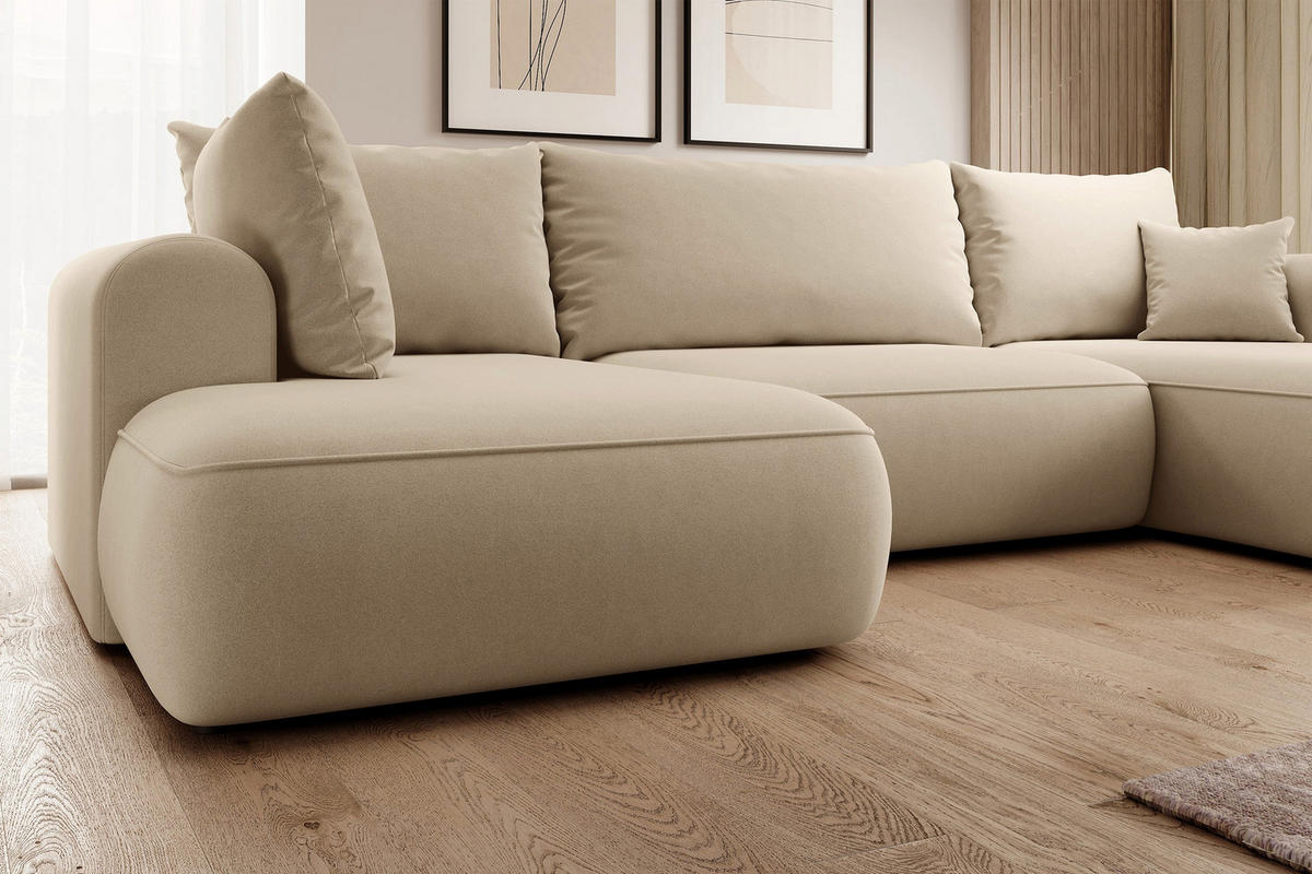 WOHNLANDSCHAFT Ovo Beige Velours - Beige/Schwarz, Textil (375/95/185cm) - Selsey