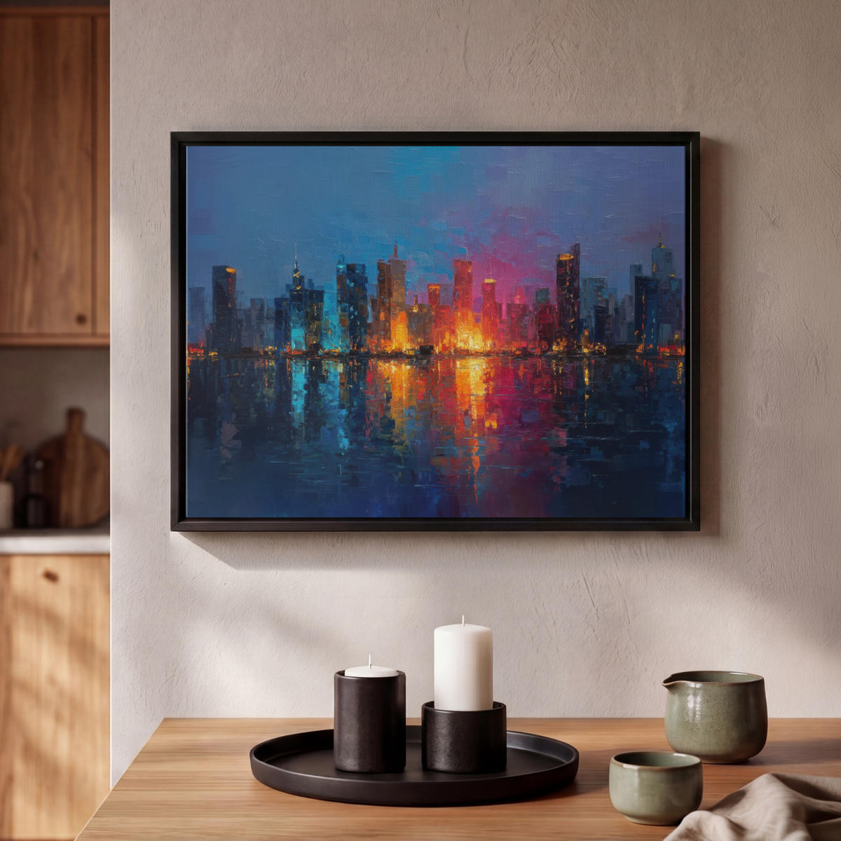 LEINWAND Bilder mit Rahmen - Skyline - Pinselstriche - Dunkelblau - Leuchtend - 40x30 - Blau, Textil (40/30cm) - MuchoWow