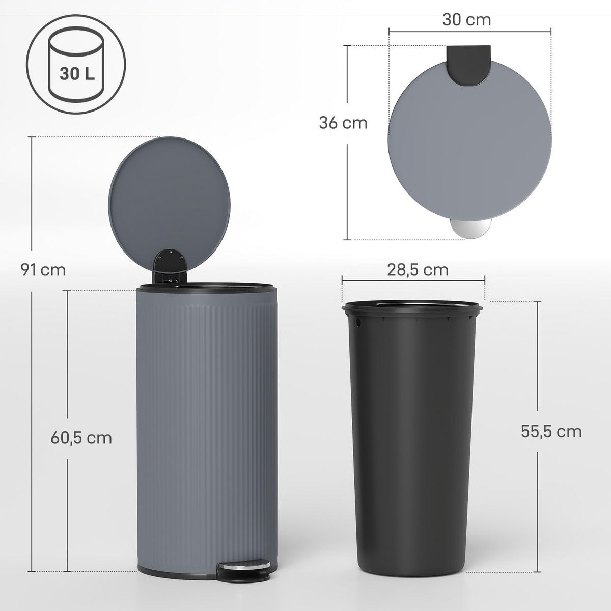 MÜLLEIMER Küche 30L 36/30/60,5 cm Metall Grau mit PEDAL und SOFT-CLOSE - Grau, Metall (30/60.5/36cm) - Rolipo