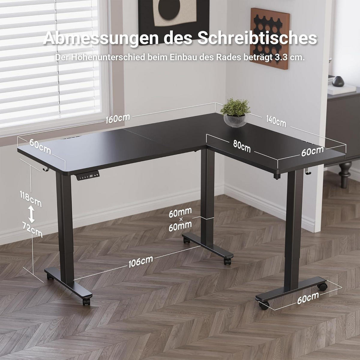 ECKSCHREIBTISCH höhenverstellbar 160x140 cm Schwarz Dual-Motor - Schwarz, Holzwerkstoff (160/140/118cm)