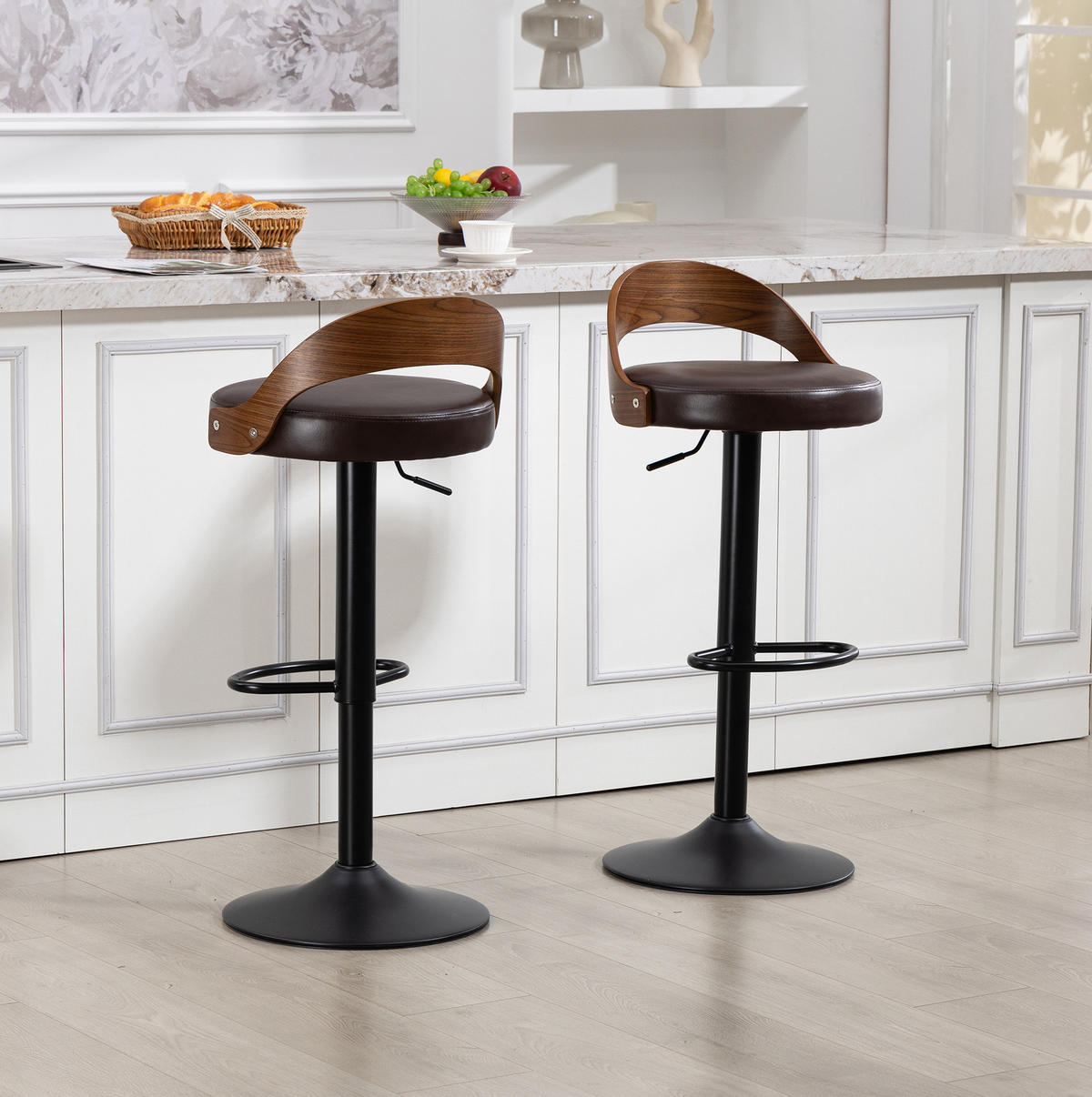 BARHOCKER 2er-Set drehbar höhenverstellbar mit Rückenlehne PU-Leder Braun - Braun, Metall (42/77/42.5cm) - Meubliv