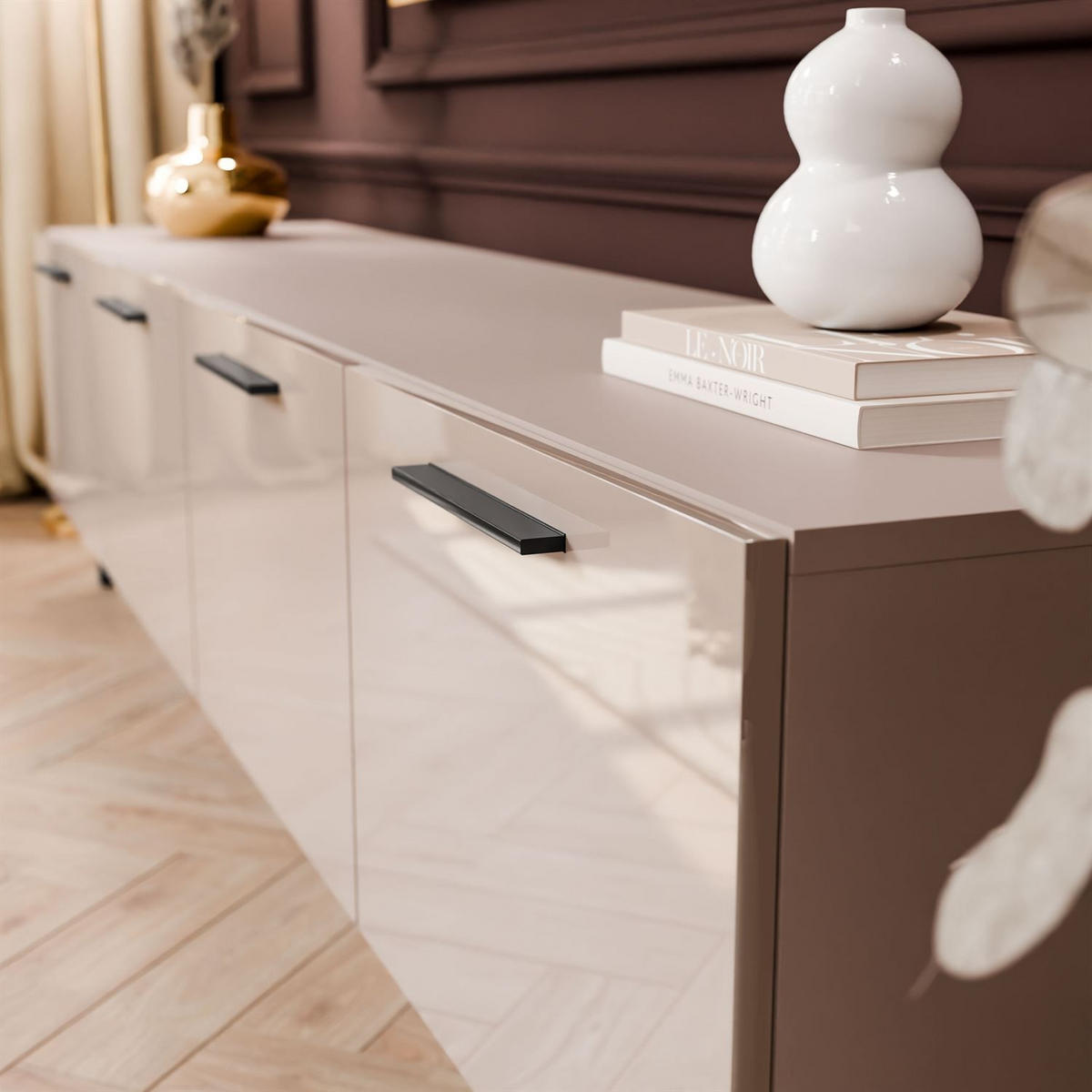 TV-ELEMENT AURA 200 KASCHMIR Hochglanz auf schrägen schwarzen Beinen + LED - Kaschmir/Schwarz, Holzwerkstoff (200/49/40cm) - Lookway