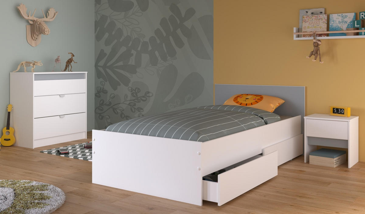 KINDERZIMMER weiß, grau oder rosa, Komplett-Set 4-teilig mit Stauraumbett 90x200 cm - Weiß, Holzwerkstoff (100/80/203cm) - Parisot Meuble