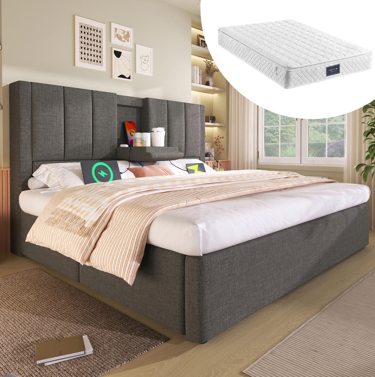 BETT mit Stauraum und Ladestation 140x200 cm Leinen Grau mit Matratze - Grau, Metall (140/200cm) - Beauniv