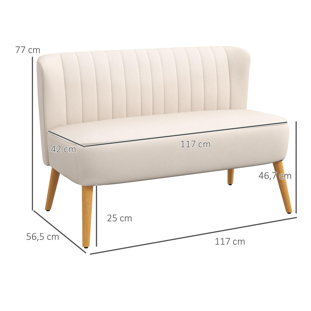 2-SITZER Sofa Zweisitzer, Loveseat mit Leinenoptik, Doppelsofa mit Holzbeine - Creme/Naturfarben, Holz/Textil (56.5/77/117cm) - HOMCOM