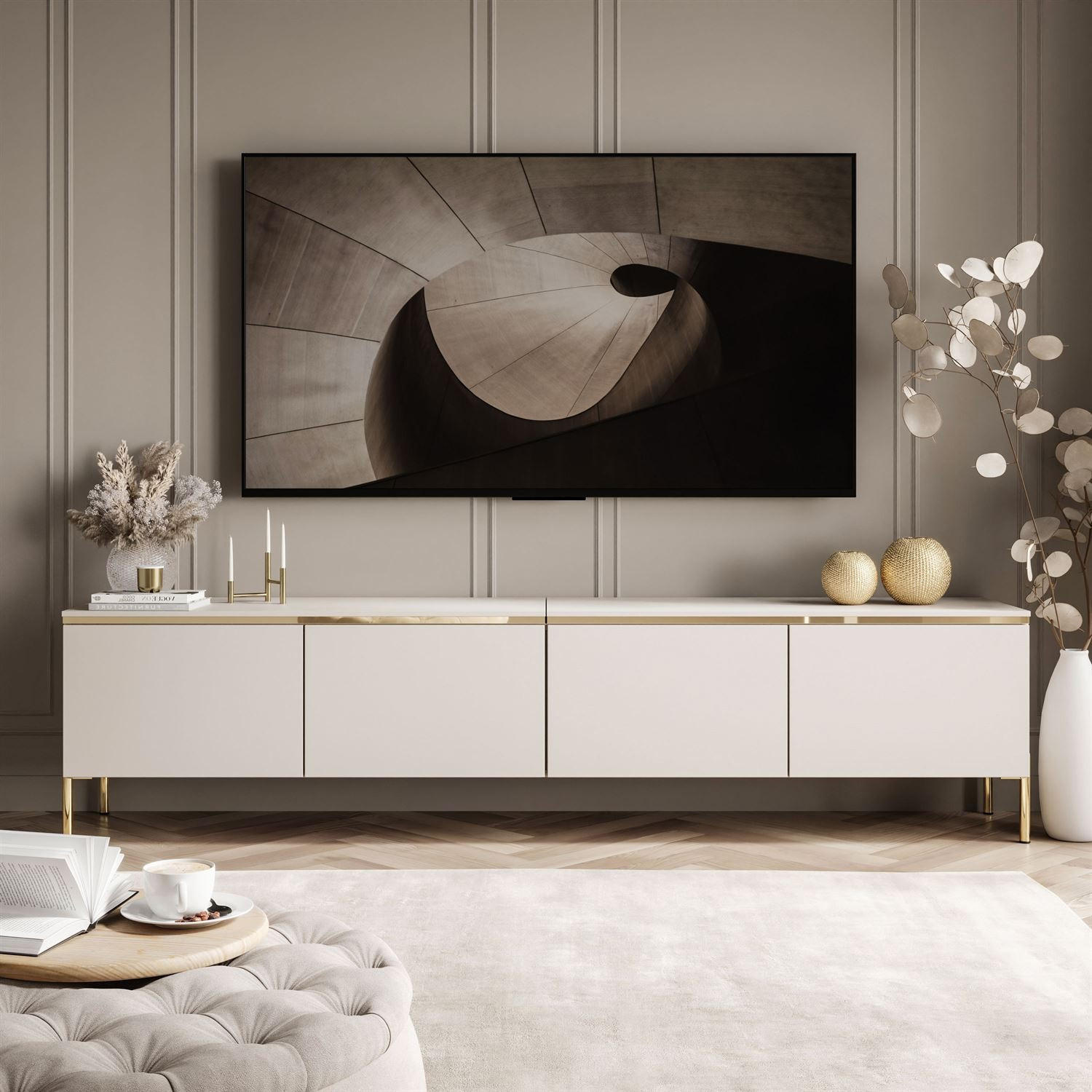 TV-LOWBOARD CELINE KASCHMIR 200 cm auf geraden goldenen Chrom-Beinen - Kaschmir/Goldfarben, Holzwerkstoff/Metall (200/49/40cm) - Lookway