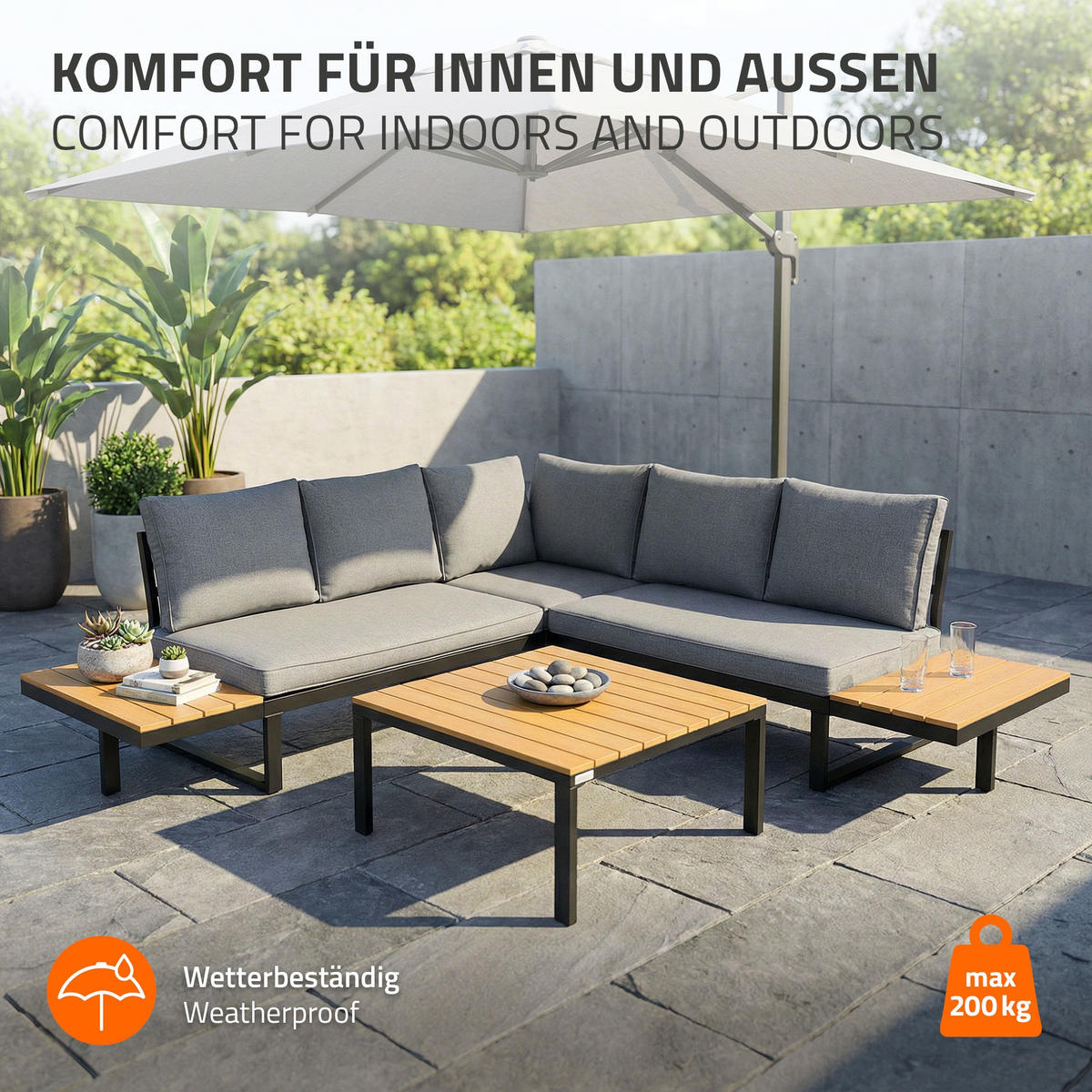 GARTENMÖBEL SET 3 tlg in Grau-Holzoptik mit Stahlgestell - Braun/Grau, Textil/Metall - ML-DESIGN