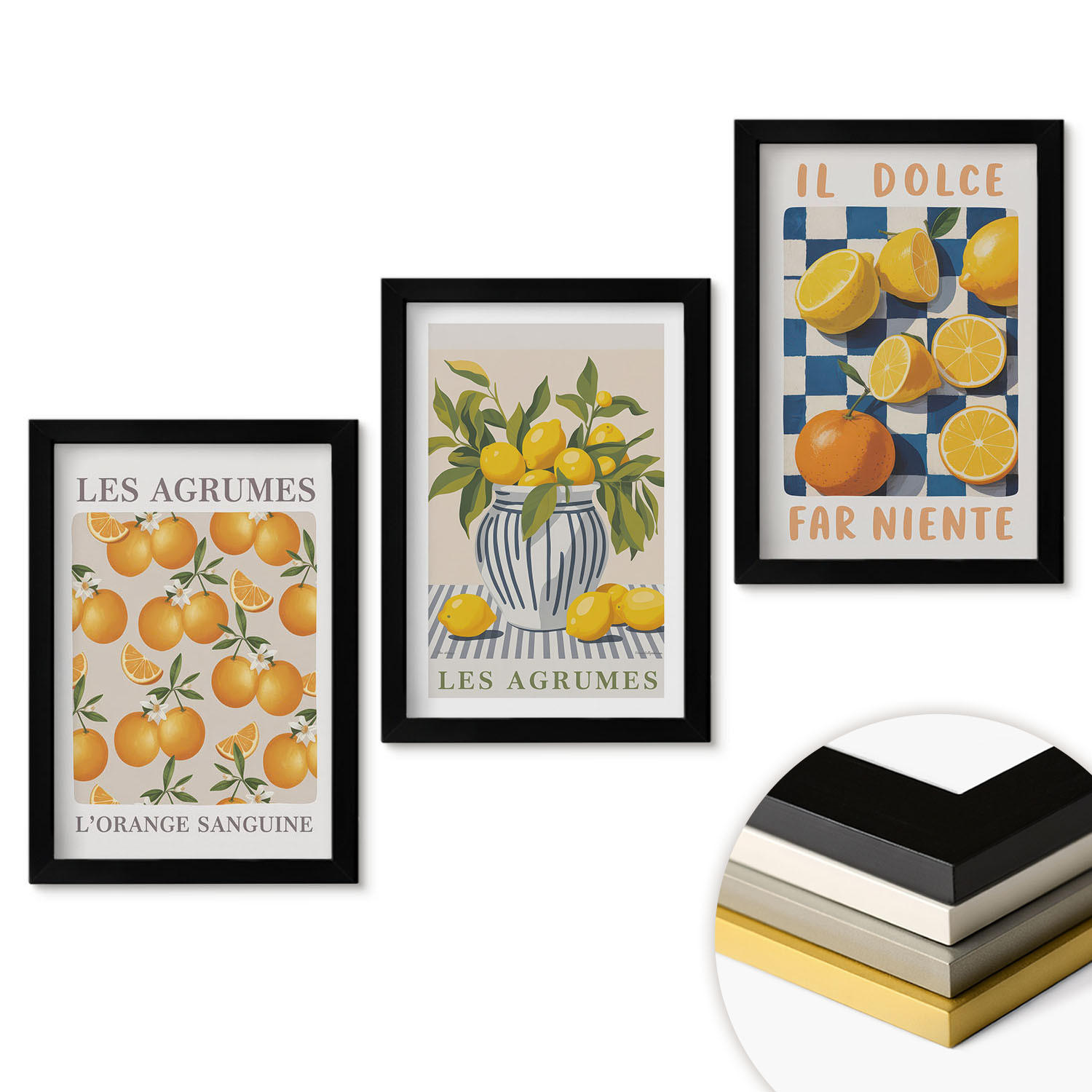 WANDBILDER 3er-Set - 20x30 cm Schwarzer Rahmen - Retro gelbe Zitrusfrüchte - Schwarz, Kunststoff (20/30cm) - ArtPrintCave