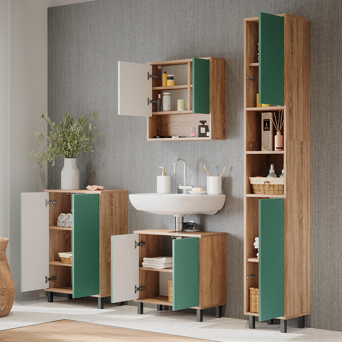 BADMÖBEL-SET Agasta Mintgrün 4 Teile, mit Hochschrank - Mintgrün/Sonoma Eiche, Holzwerkstoff (56/57/28cm) - Vicco