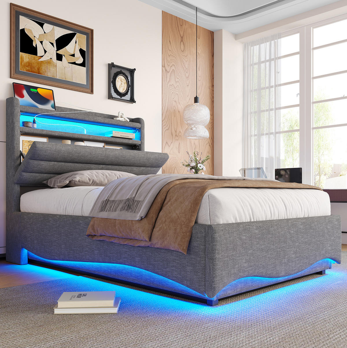 TAPECIRANI krevet 90/200 cm s LED osvjetljenjem, USB i Type-C priključcima te hidrauličnim spremištem, Siva - siva, tekstil (90/200cm) - Redom