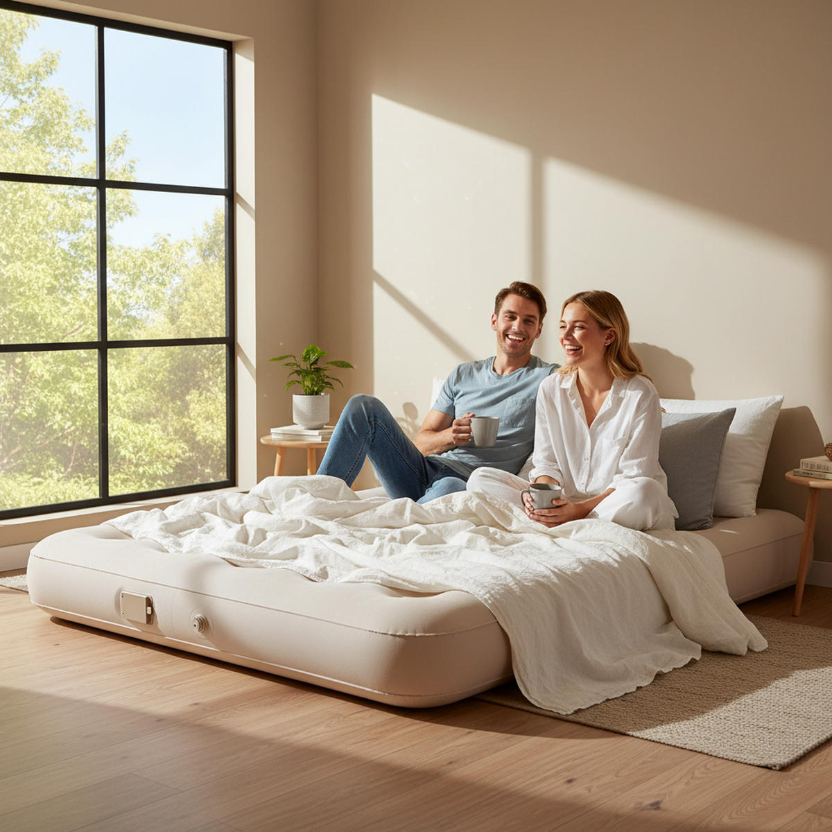 LUFTBETT Luftmatratze selbstaufblasbar Camping CloudCoil beige mit ZenCharge USB Pumpe 191x137x25cm - Beige, Kunststoff (137/191cm) - Avenli