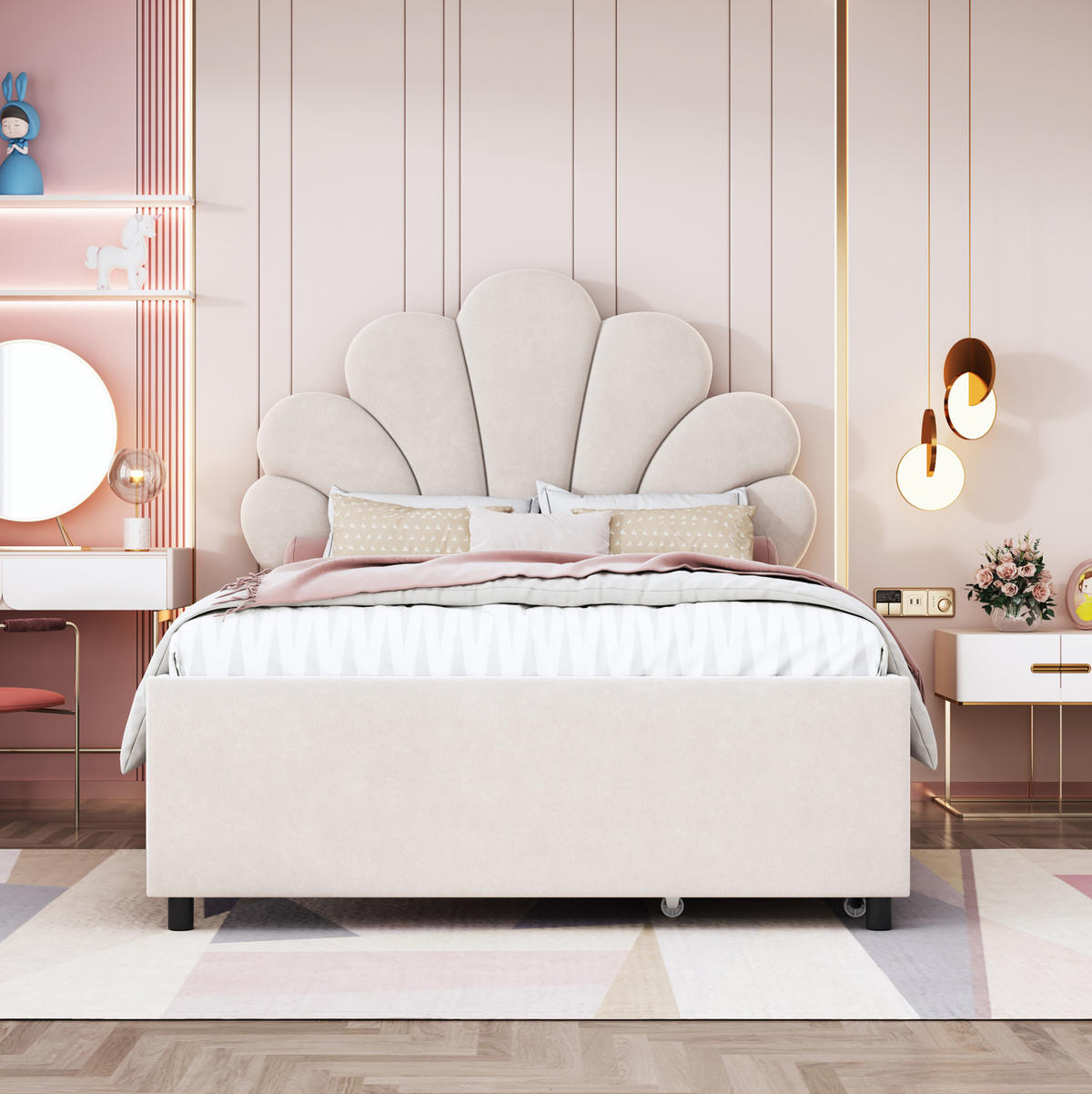 SAMT-POLSTERBETT 90/200 cm mit 2 Schubladen und floral gepolstertem Kopfteil - Beige, Textil (90/200cm) - BEAOK