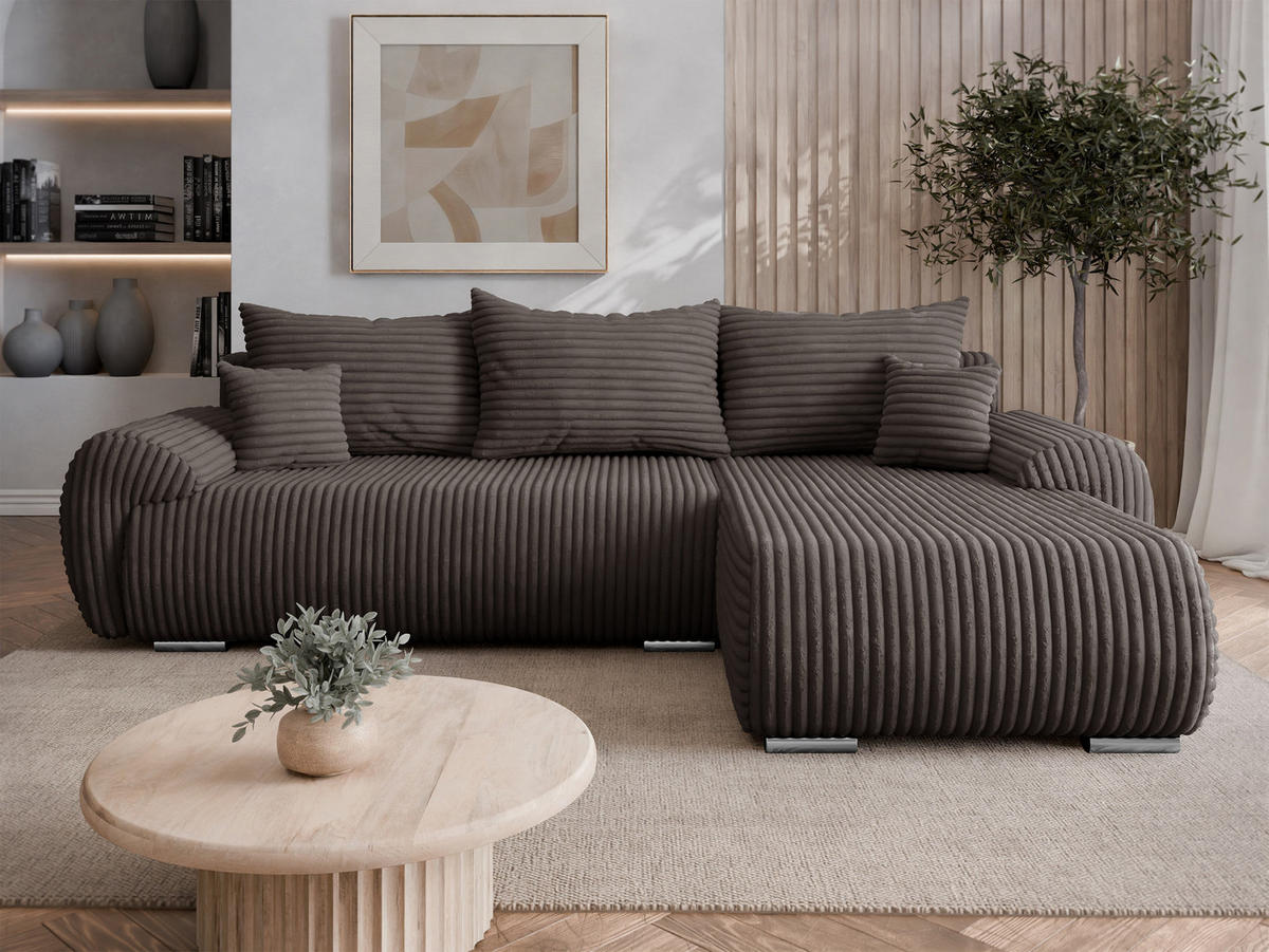 ECKSOFA Ubo L Cord, Seite: Rechts - Silberfarben/Braun, Holz/Kunststoff (282/187cm) - MIRJAN24