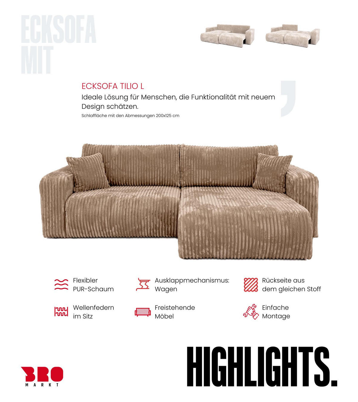 ECKSOFA mit Schlaffunktion TILIO Braun - Braun, Textil (244/148cm) - Bromarkt