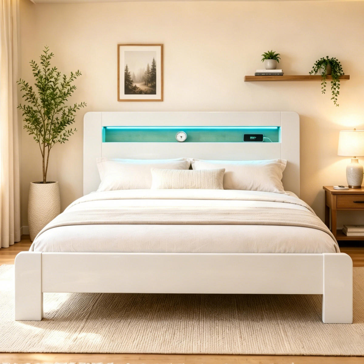 RAHMENBETT 180/200 cm in Weiß mit Stauraum, LED und Steckdosen - Weiß, Holz/Holzwerkstoff (180/200cm) - WISHDOR