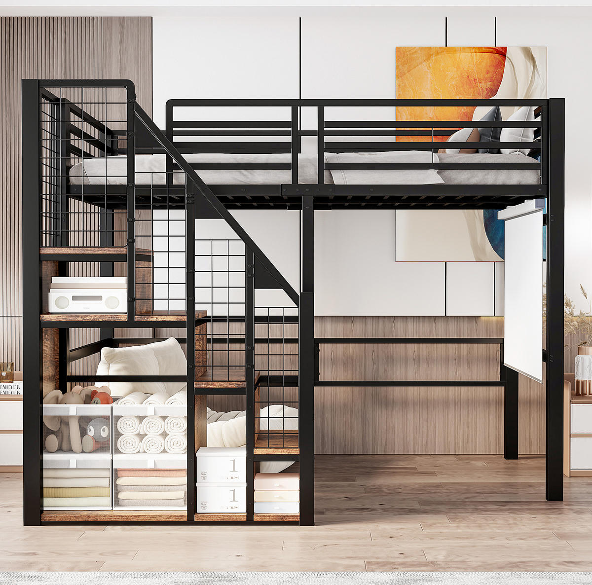 VYSOKÁ posteľ 90/200 cm čierna z kovu a MDF s úložným priestorom a schodíkmi - čierna, kompozitné drevo (90/200cm) - OKWISH