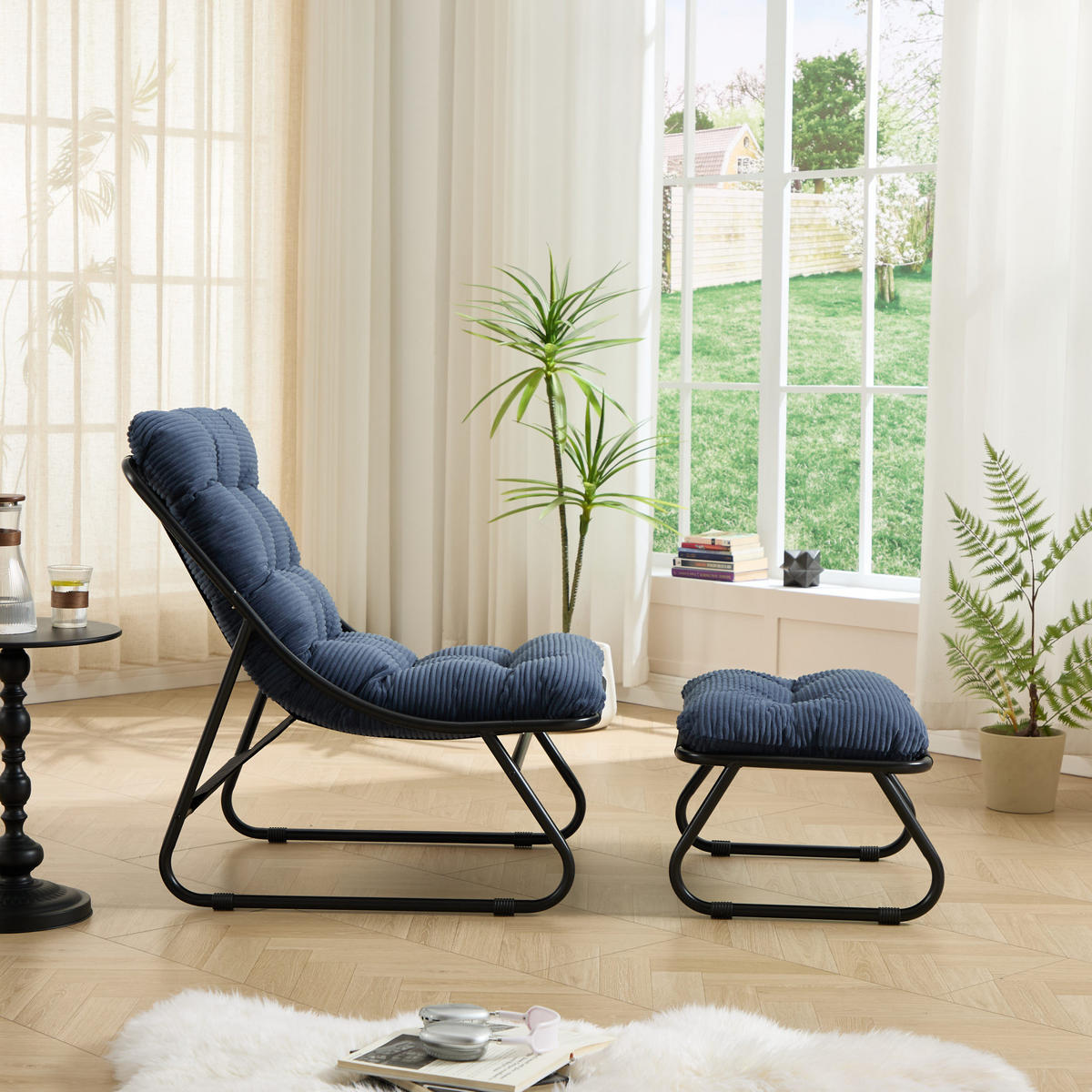 RELAXAČNÉ kreslo s taburetkou 65/78/86 cm tmavomodré s čiernym rámom na oddych z ocele - tmavomodrá, kov (78/86/65cm) - OKWISH