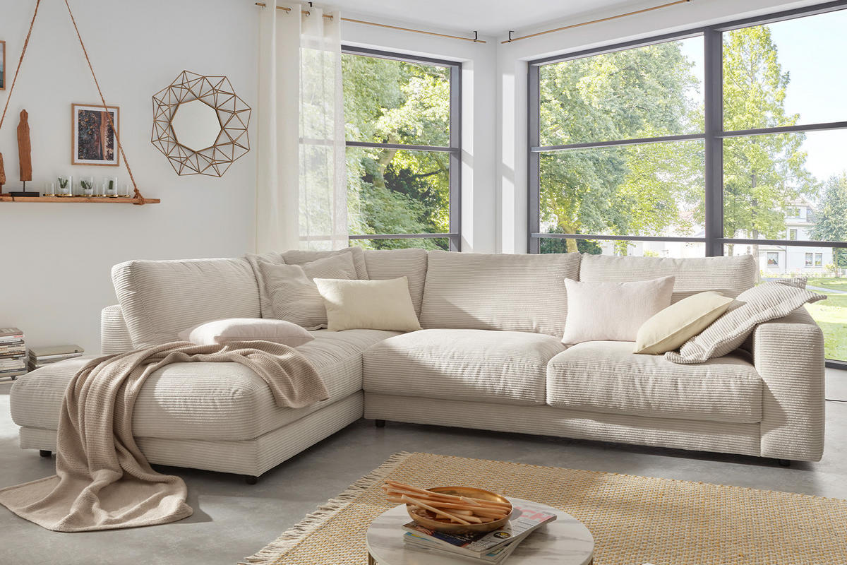 ECKSOFA MADELINE Cremeweiß Cord - Creme/Schwarz, Kunststoff/Textil (325/224cm) - KAWOLA