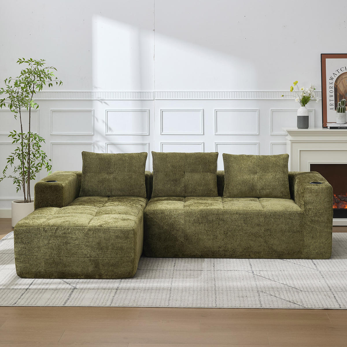 4-SITZER ECKSOFA Polyester Grün mit Becherhaltern - Grün, Textil (258/163cm) - WISHDOR