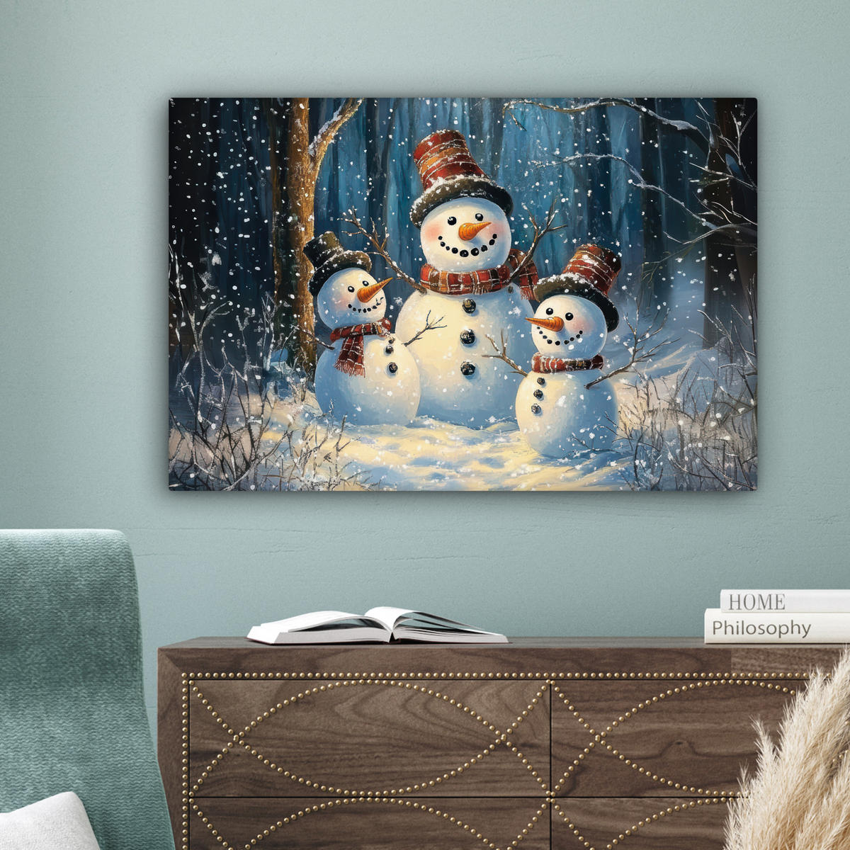 LEINWANDBILD Schneemann - Schnee - Winter - Wald Wanddeko 90x60 cm - Hellblau, Textil (90/60cm) - MuchoWow