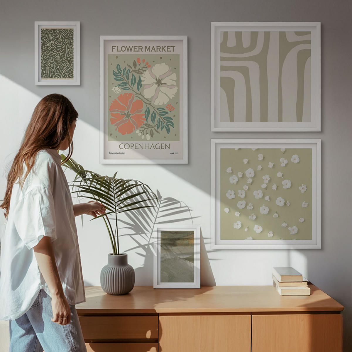 BILDER SET 5er Set - 50x50 cm & 20x30 cm & 40x60 cm Weißer Rahmen - Abstrakte Boho-Muster - Weiß, Kunststoff (40/60cm) - TULUP