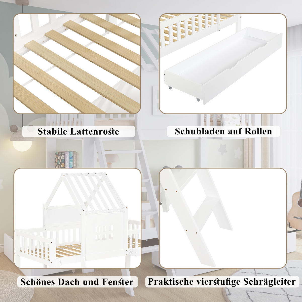 ETAGENBETT 90/200 cm Weiß mit Schubladen, Dach und Lesetisch aus Kiefer und MDF - Weiß, Holzwerkstoff (90/200cm) - OKWISH