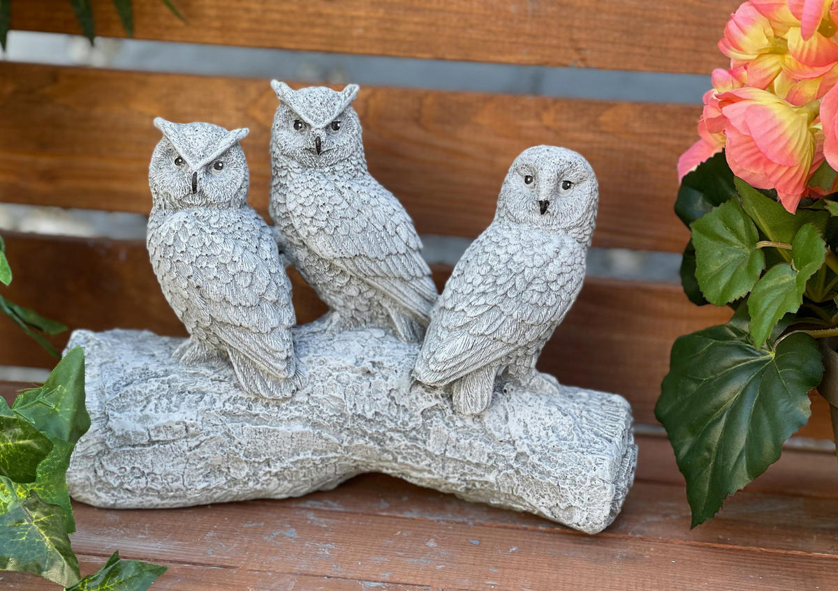 STEINFIGUR 3er Eulen auf Stamm frostfest Steinguss - Grau, Stein (22/16/8cm) - stoneandstyle