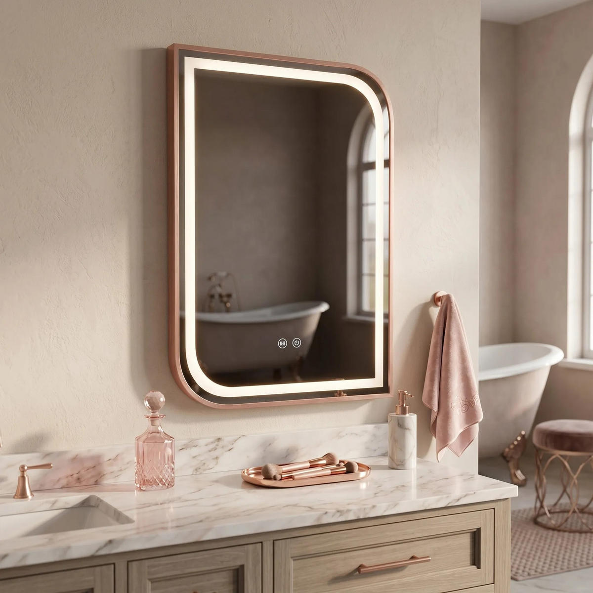 SPIEGEL Rea Led Zone 70x50 Brush Rose Gold - Goldfarben, Glas (50/70/2.5cm) - REA