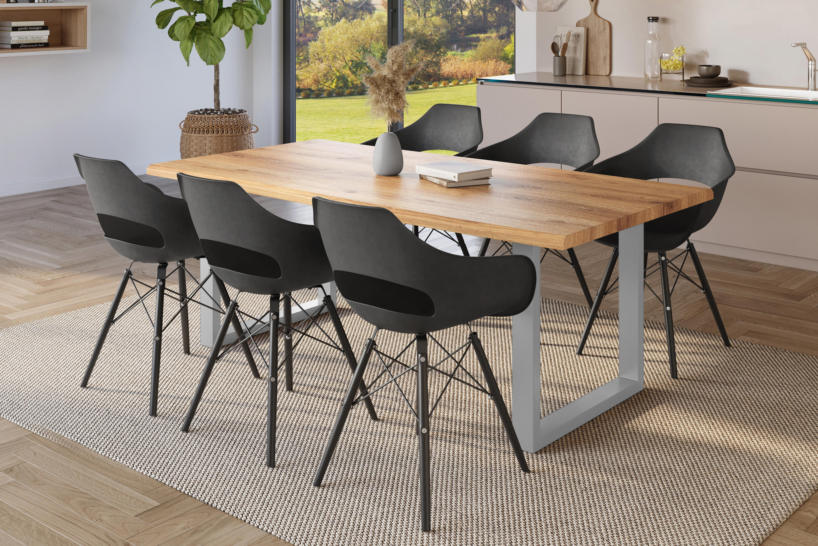 Thumbnail - SAM Esstisch, Wildeiche, Silber, Holz, Teilmassiv, Quadratisch, 220x77x100 cm, Esszimmer, Tische, Esstische