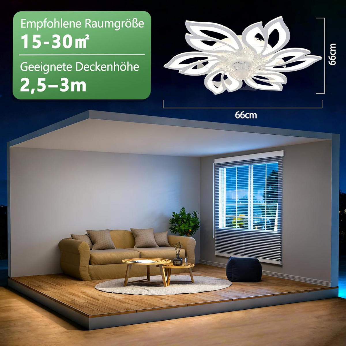 DECKENVENTILATOR Mit Beleuchtung Vornis 60/69.5/14.5 cm - Weiß, Metall (66/66/14.5cm) - ZMH