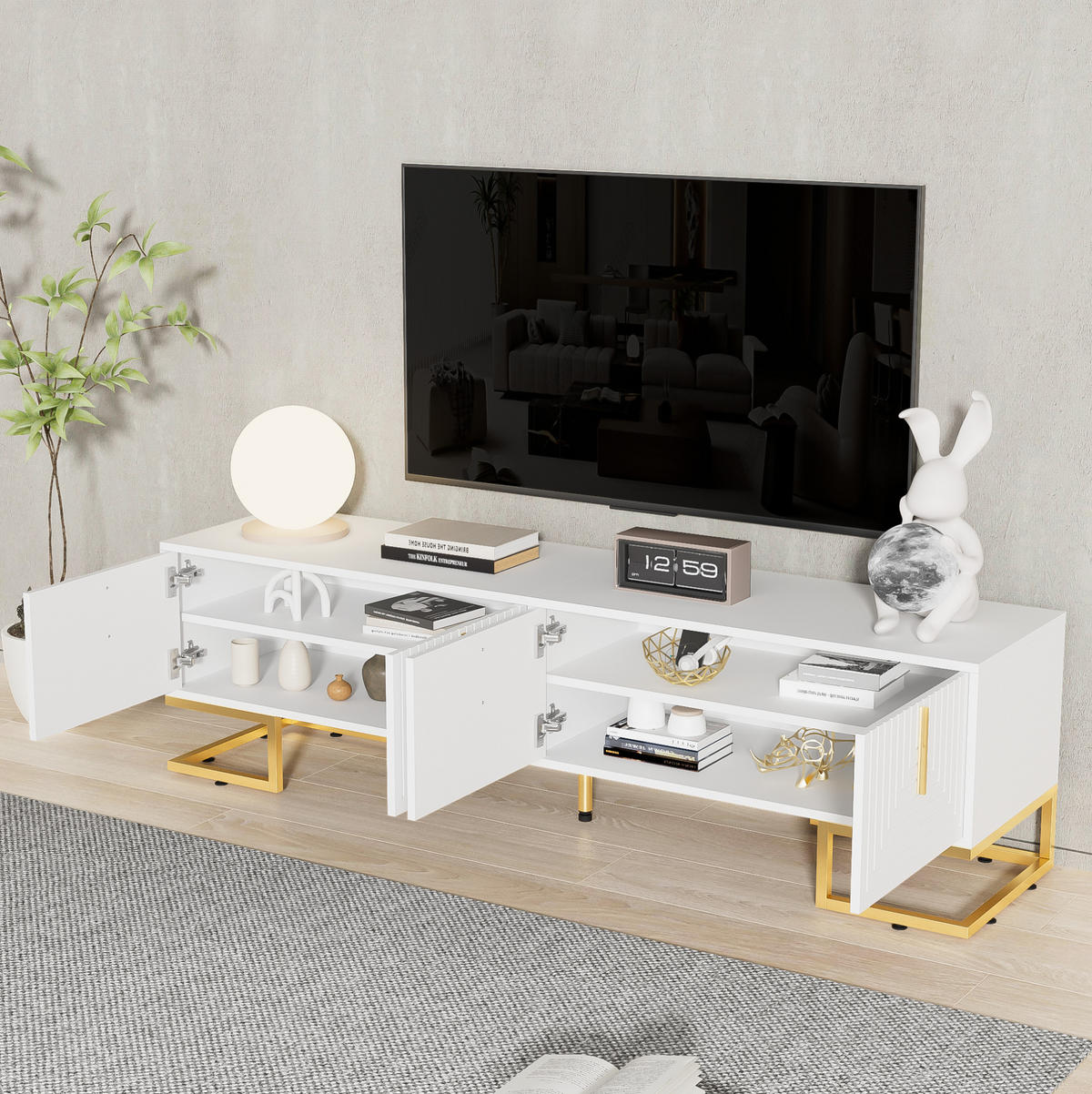 TV-SCHRANK in Weiß mit 4 Türen und goldfarbenen Metallfüßen 170/40/45.5 cm - Weiß, Holzwerkstoff (170/45.5/40cm) - Redom