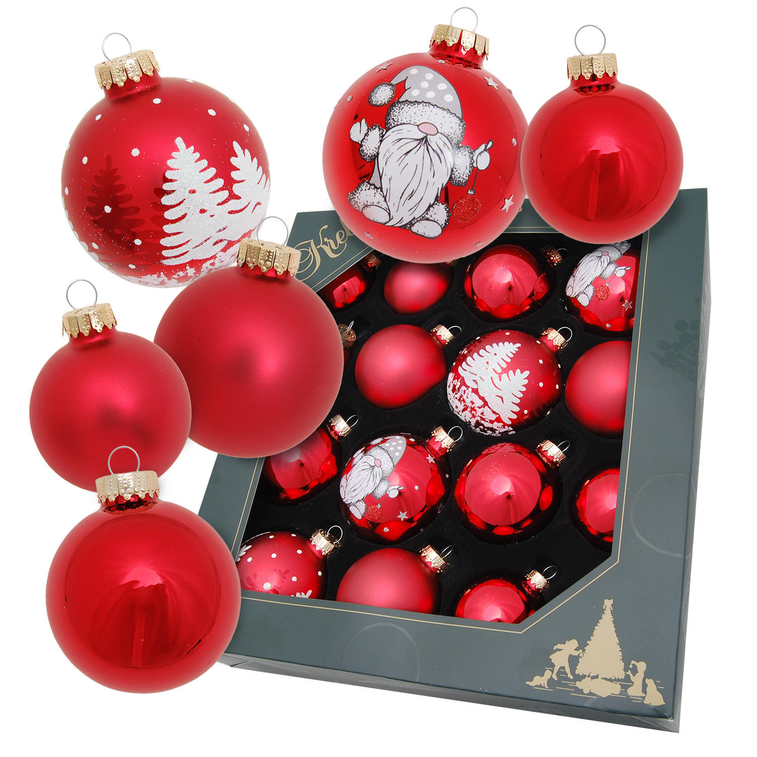 CHRISTBAUMKUGELN Tanne und Gnome Rot 8cm (Glas / 16 Stk.) - Rot, Glas (6/8/5cm) - Krebs Glas Lauscha