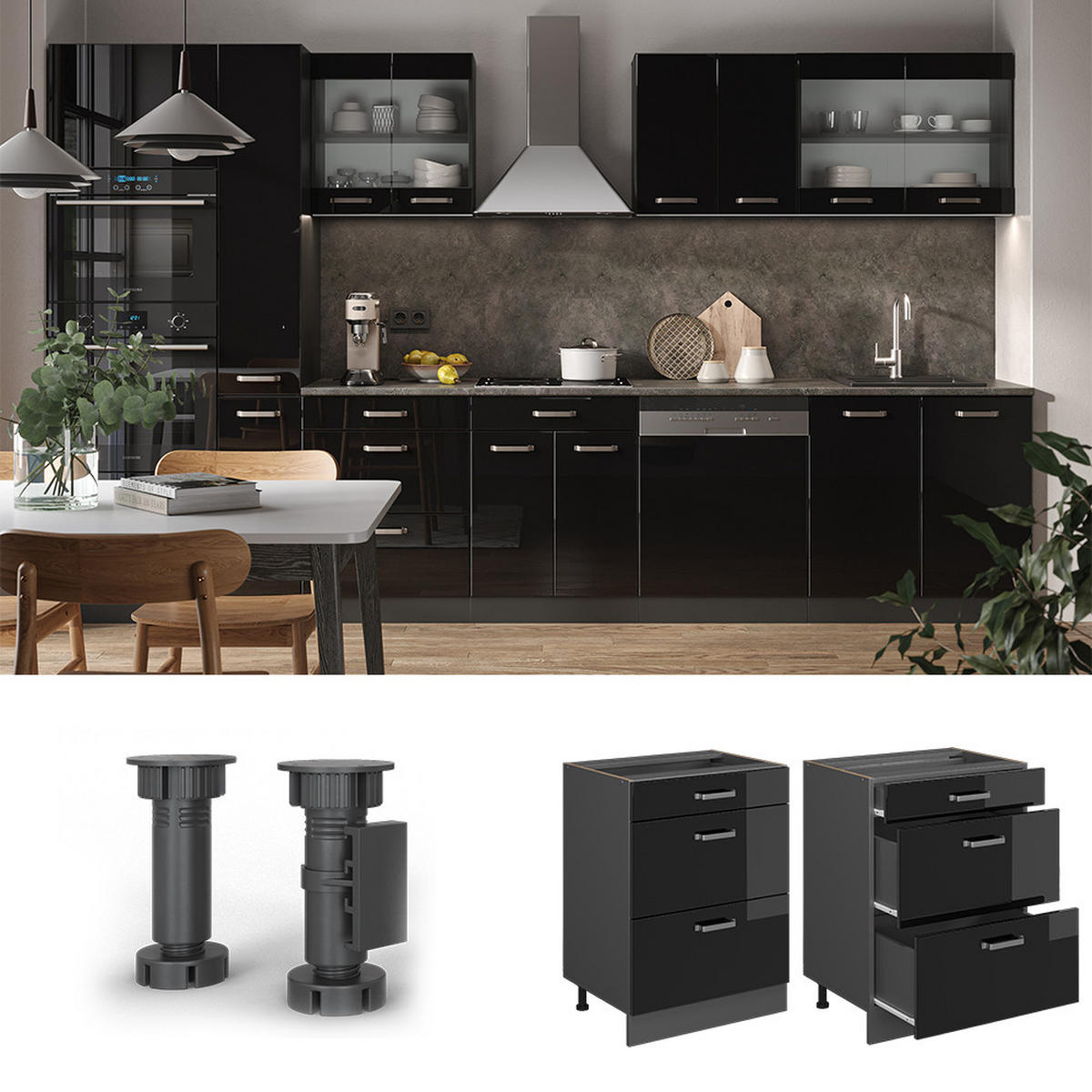 KÜCHENUNTERSCHRANK R-Line Schwarz Hochglanz 60 cm mit Schubladen AP Anthrazit - Schwarz Hochglanz/Anthrazit, Holzwerkstoff (60/81.6/60cm) - Vicco