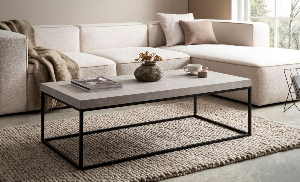 COUCHTISCH in Stein-Optik mit Metallbeinen, Modernes Design, Rechteckig, Groß, Beige 120x60x38 cm - Beige/Schwarz, Holzwerkstoff/Metall (60/120/38cm) - KADIMA DESIGN