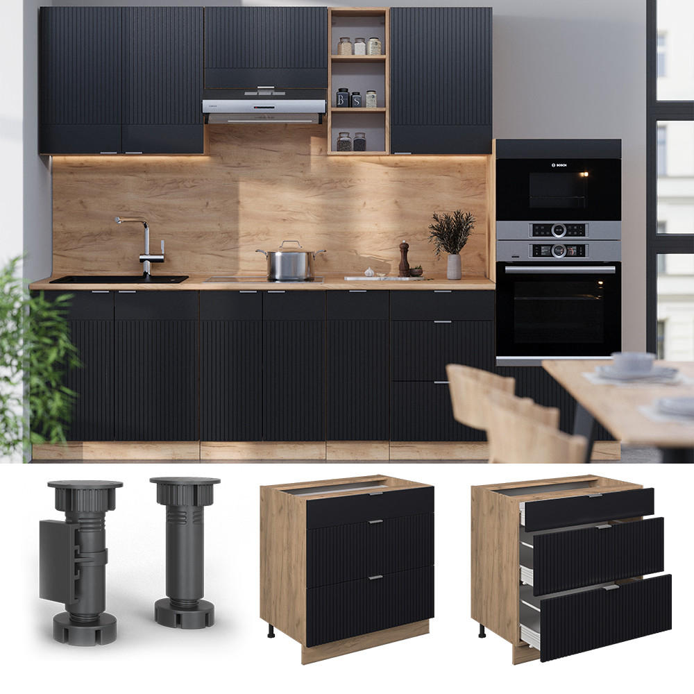 KÜCHENUNTERSCHRANK Fame-Line, Schwarz gestreift, 80 cm mit 3 Schubladen, AP Eiche - Eiche Wotan/Schwarz, Holzwerkstoff (80/82/60cm) - Vicco