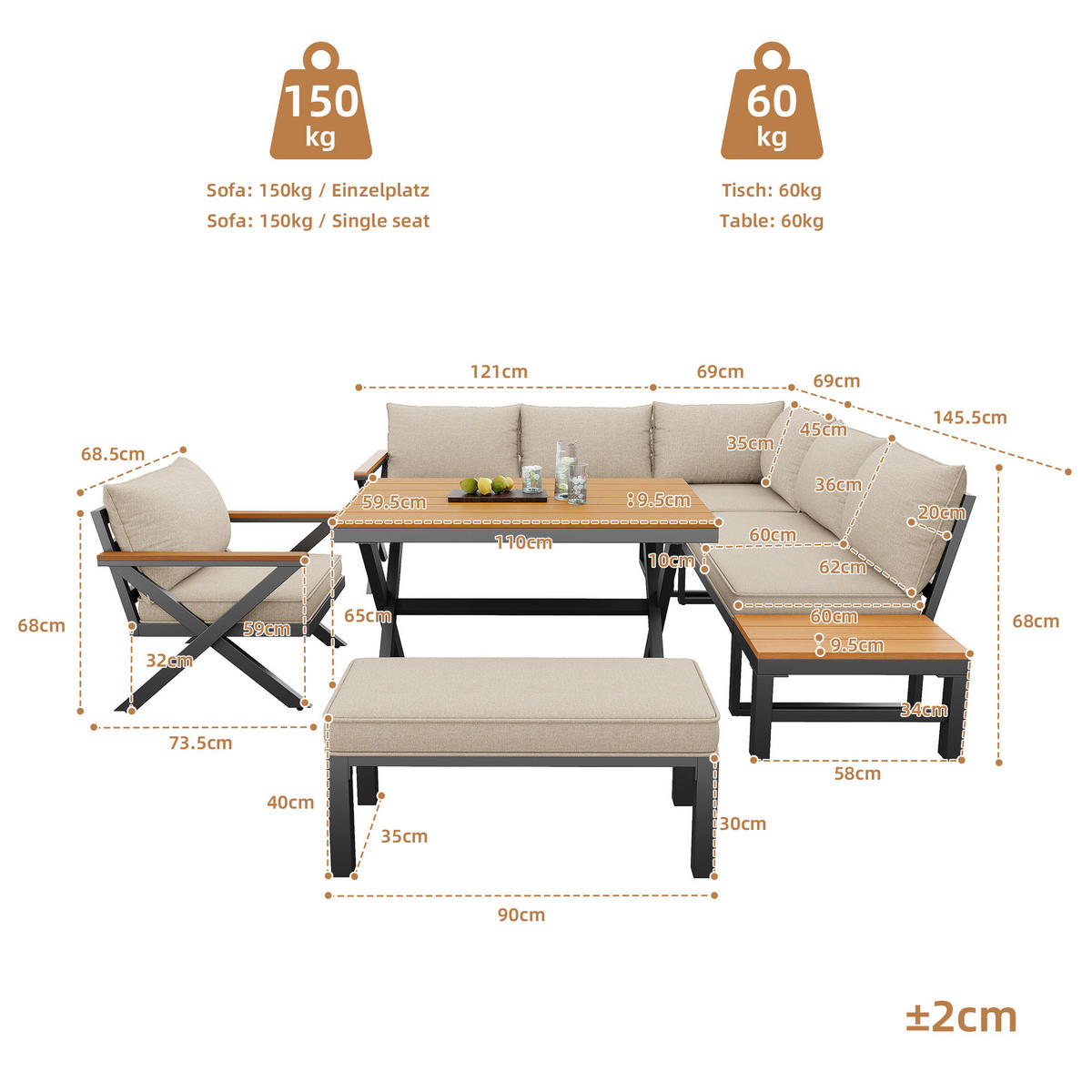 GARTENSETS aus Eisen Beige mit modularer Sitzgruppe im X-Design - Beige, Metall - Modfu