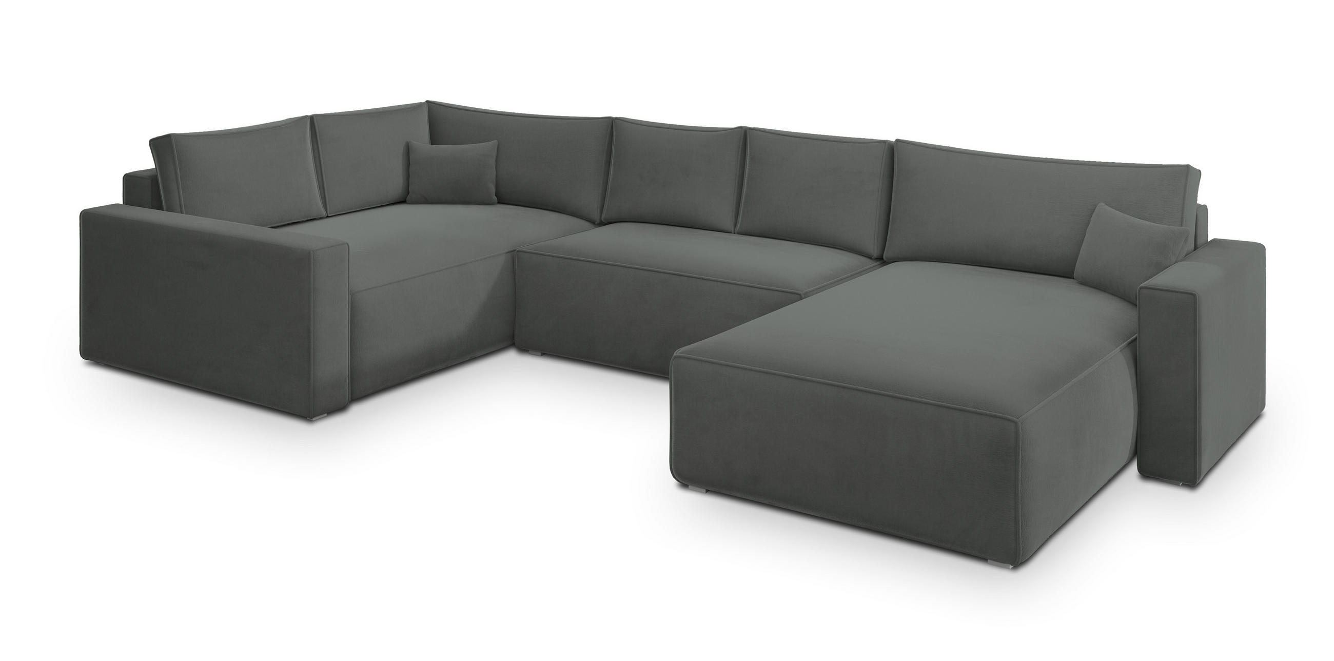 WOHNLANDSCHAFT VELAMI L-S Grau Velours-Stoff mit Schlaffunktion - Grau, Holz (365/83/194cm) - MASSENO