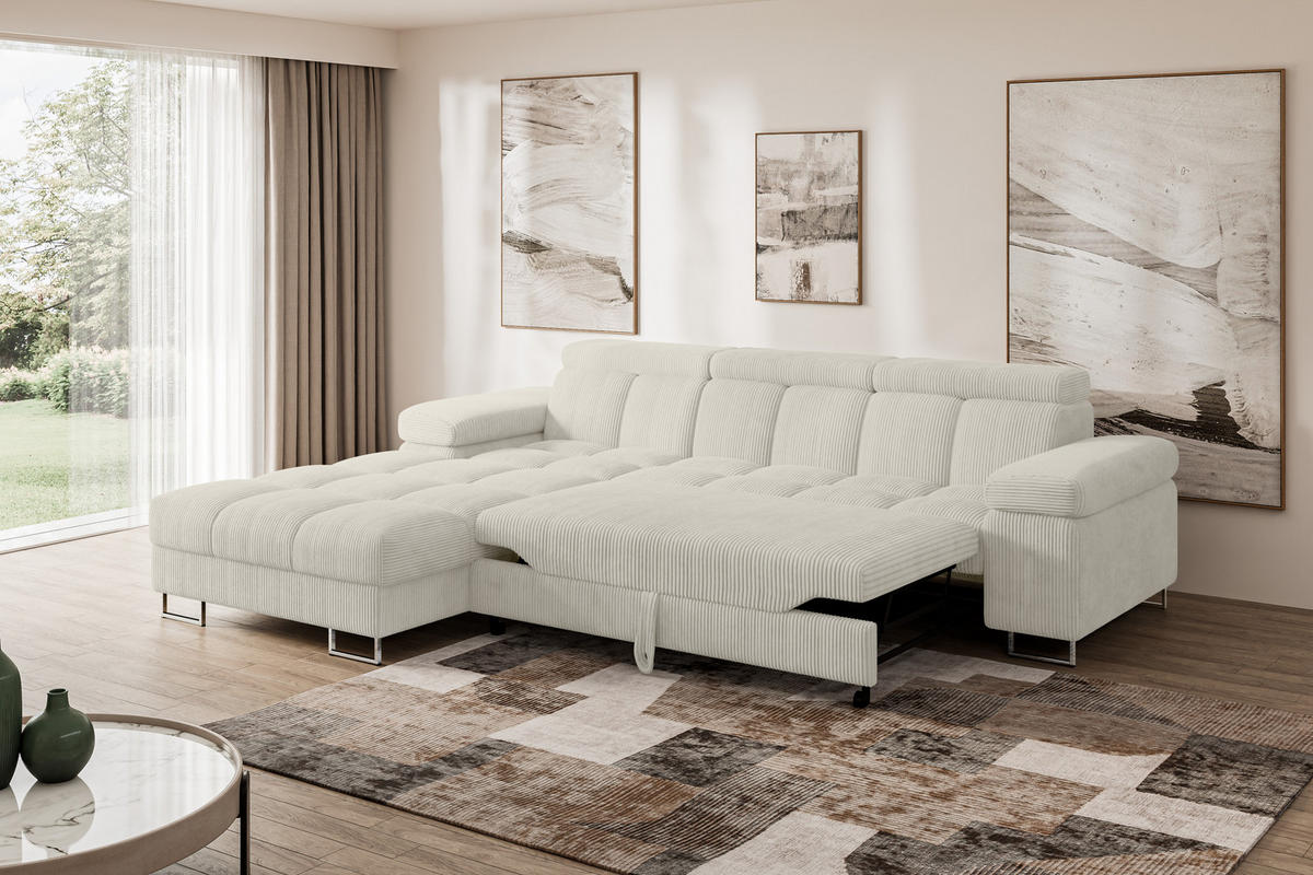 ECKSOFA mit Schlaffunktion Ottomane Links COMA L 271x203x79 Creme Cord - Mokka, Holzwerkstoff/Textil (271/203cm) - ALTDECOR